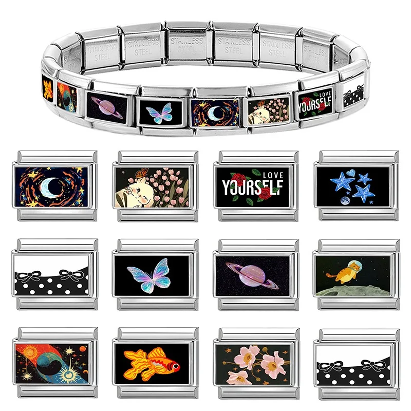 2026 New Versatile Red Blue Black Pattern Planet Stars Italian Style Bracelet 9mm Stainless Steel Modular DIY Bracelet Wholesale