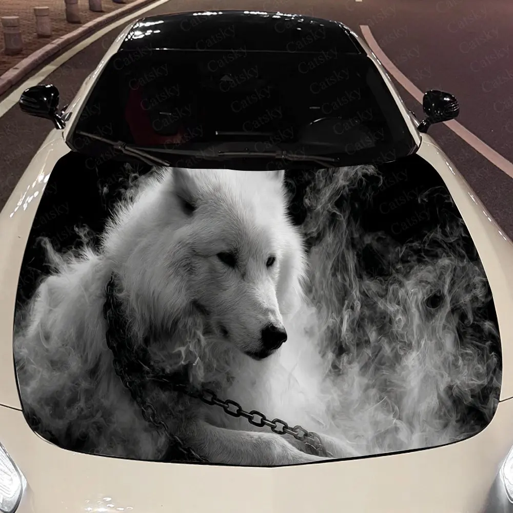 

White Wolf with Chain Auto Cover Sticker, Waterproof and Self-adhesive Auto Hood Decal, Auto Vinyl Wraps, Cool Car Exterior Deca