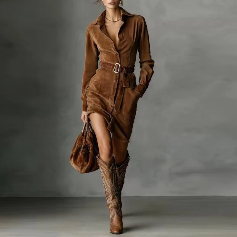 우아한 긴 소매 턴다운 칼라 버튼 파티 드레스 여성 패션 가을 겨울 솔리드 컬러 오피스 레이디 미디 드레스