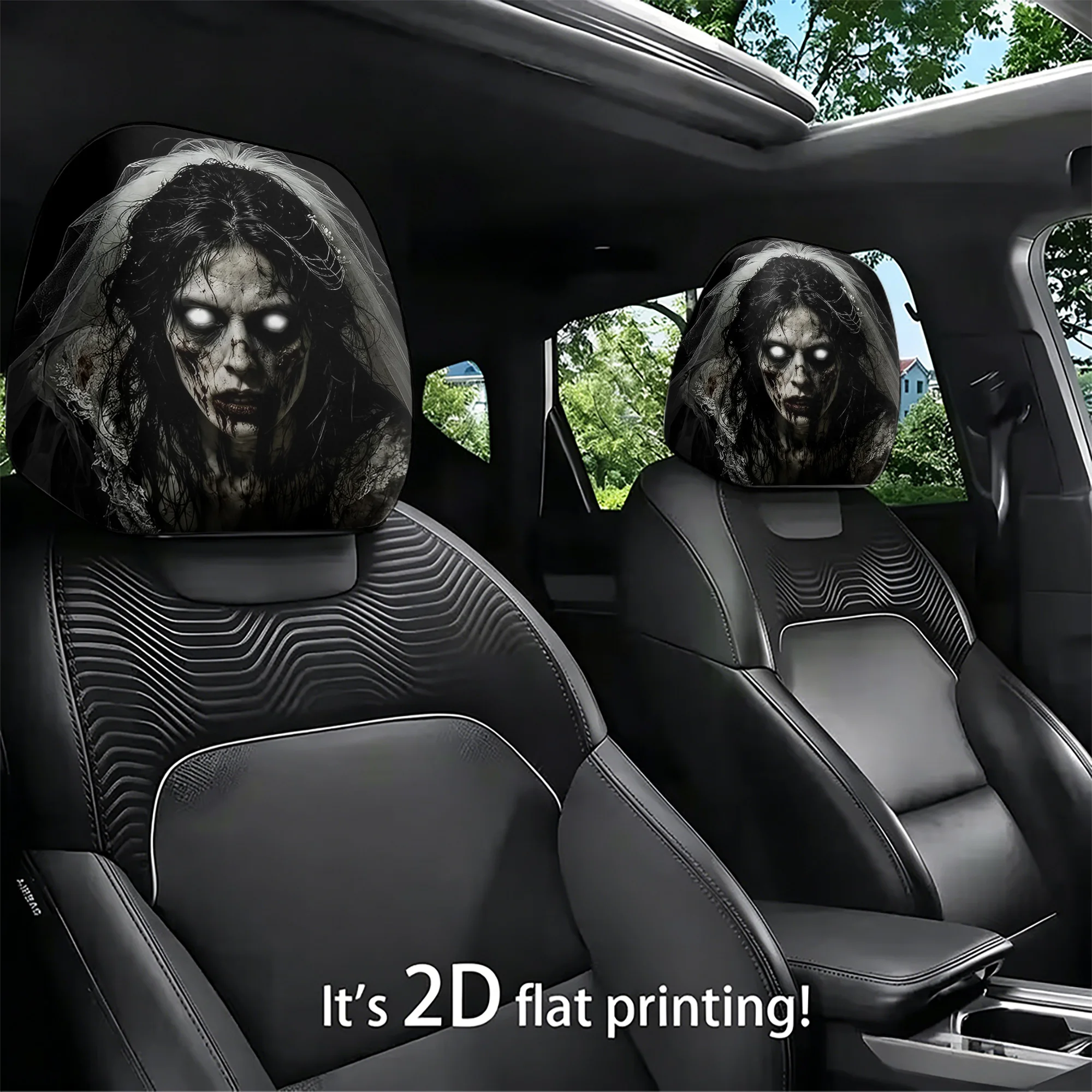 2pcs “Ghost Bride” car headrest covers to add a touch of spookiness to your car’s interior. Does not include filling. Easy to in