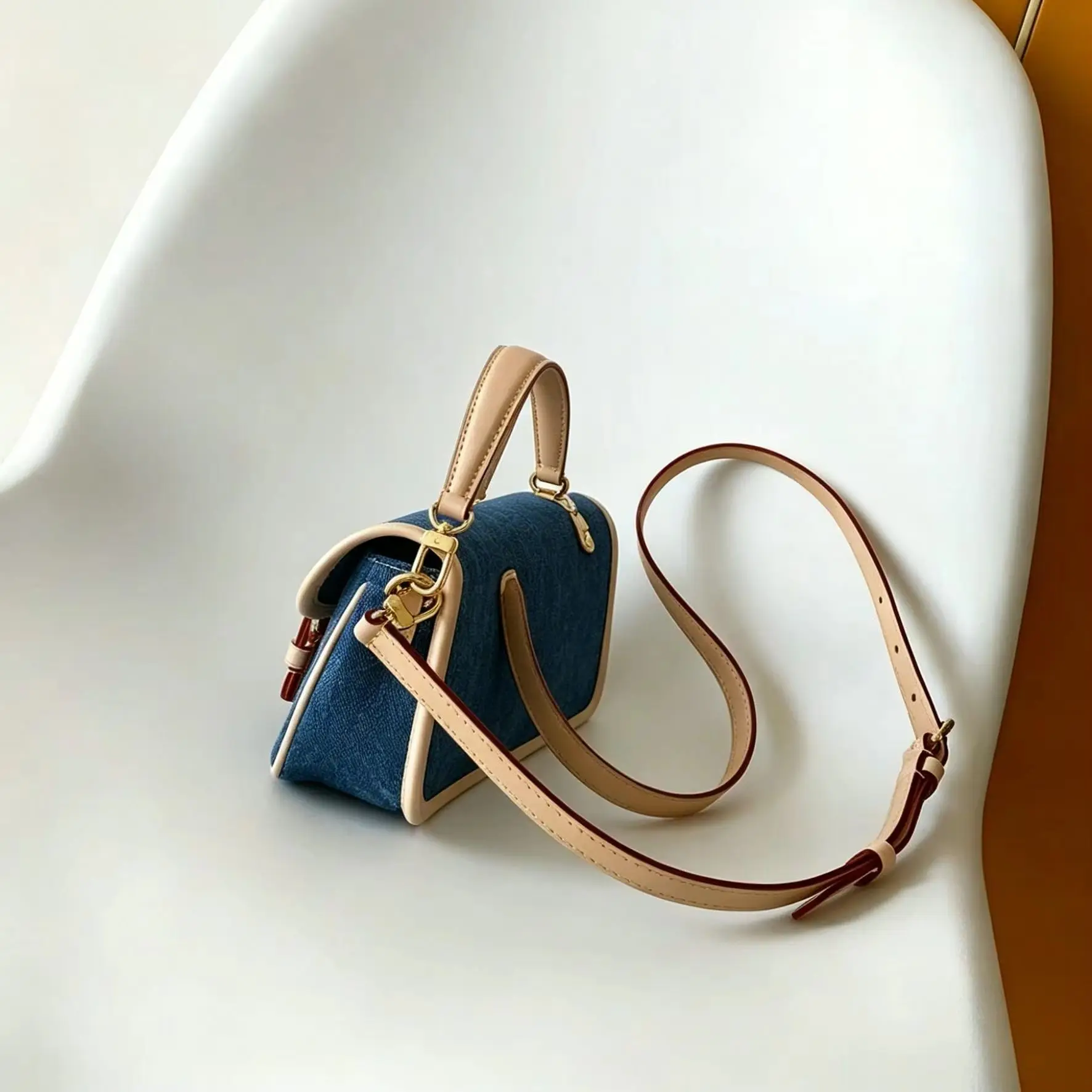 Denim & Vachetta Leather Mini Flap Handbag, Luxury Multi-Way Mini Handbag
