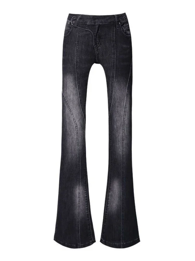 ADAgirl Y2k Irregular Low Waist Denim Flared Pants Black Washed Jeans for Women Vintage Kpop Drak Aesthetics Grunge Trousers New