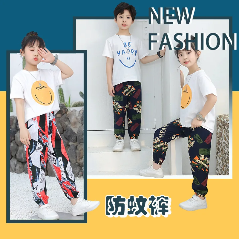 Children's Lantern Pants Cartoon Print Anti-Mosquito Pants Summer Lightweight Boys Girls Cotton Silk Cuffed Pants Sports Casual