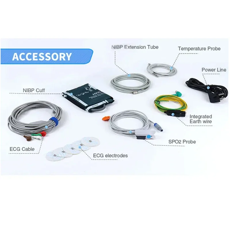 Monitor portátil de 6 parâmetros, tela sensível ao toque, monitor paciente, sinais vitais, ECG, NIBP, PR, SPO2, RESP, TEMP, 7"