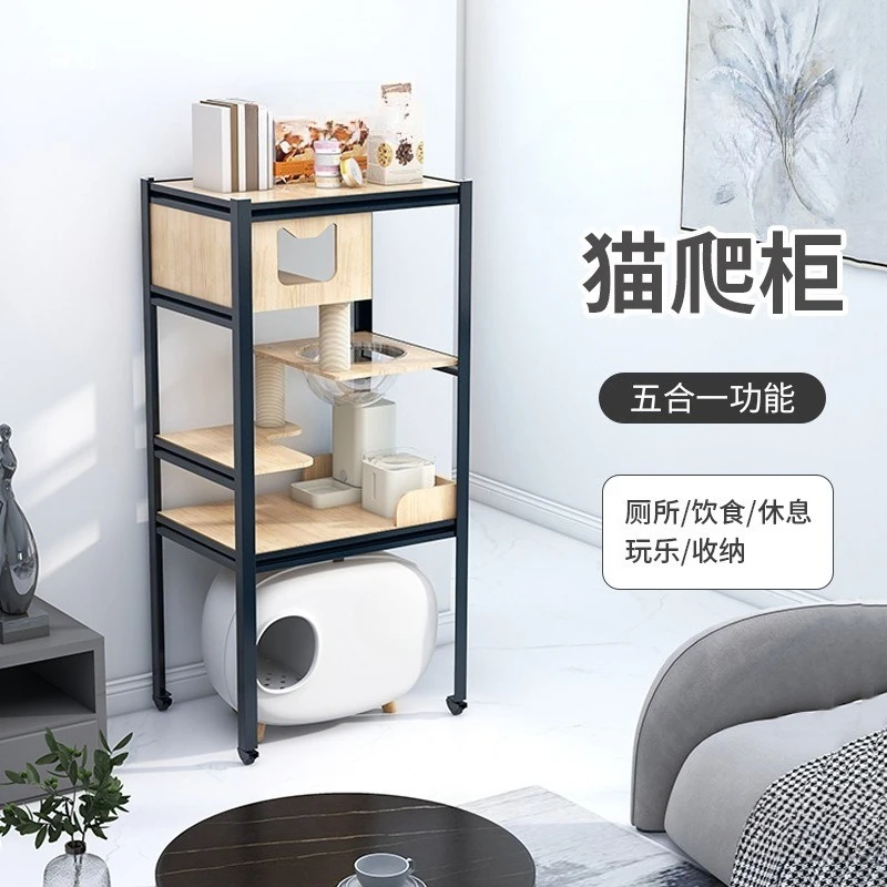 Large Cat Climbing Cabinet Multi-layer Villa Indoor  Scratching Board  Climbing Frame Litter Box Integrated Solid Wood Cat Nest