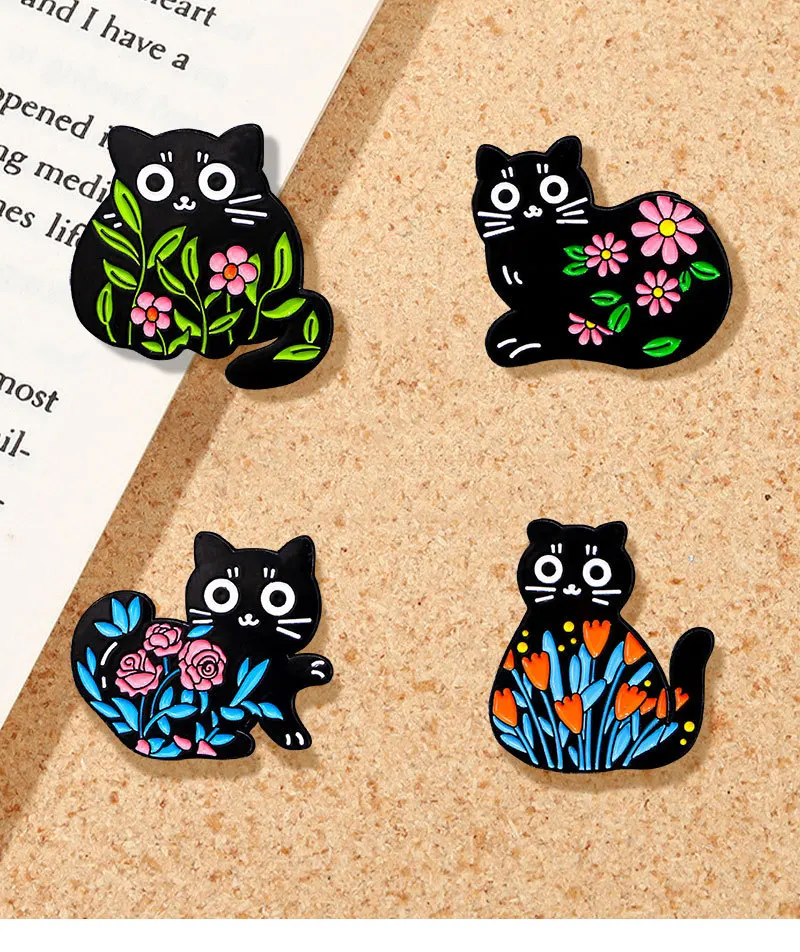 4-piece set of cute cartoon black cat floral animal clothes, hat, backpack, brooch, and badge accessories gift