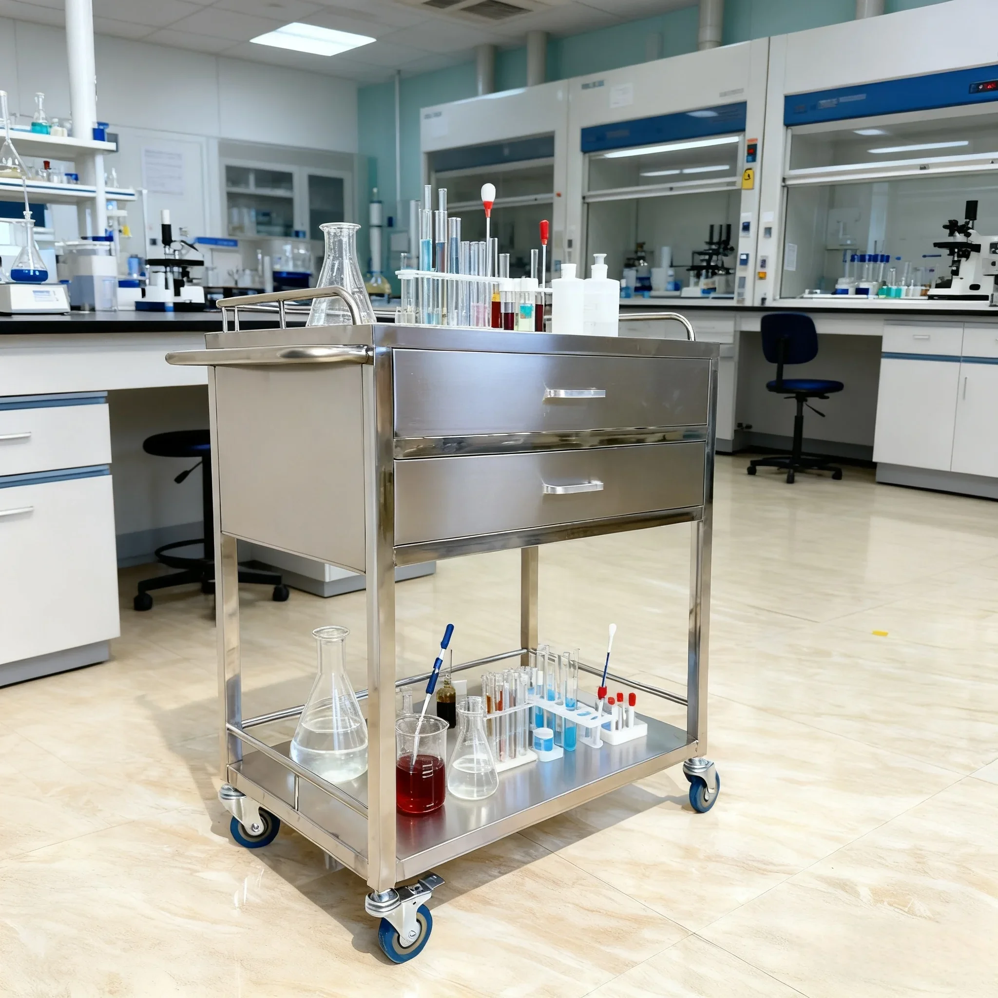 Clinic Hospital Beauty Salon Medical Stainless Steel Hand Cart with 2 Drawers 4 Castors Durable Commercial Furniture