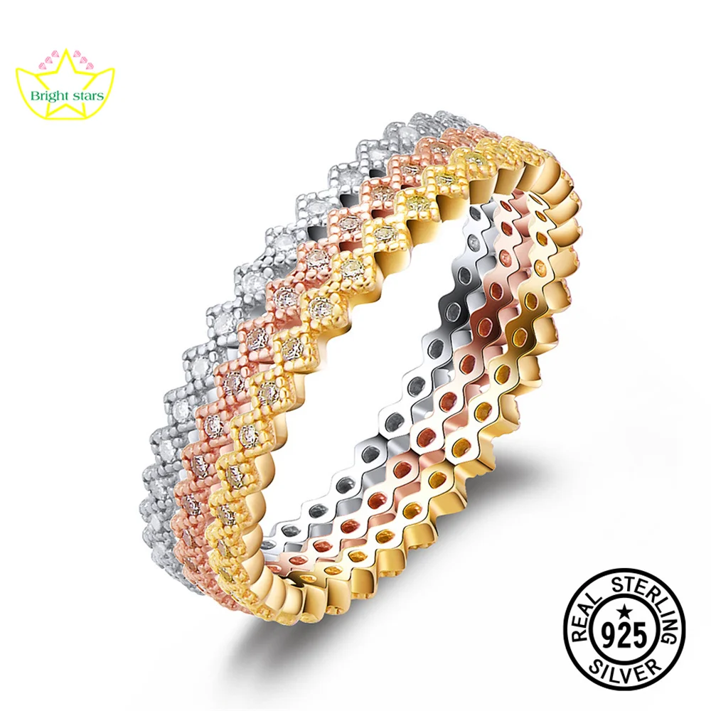 

Bright Stars Прямые продажи с фабрики, серебро 925 пробы, модный простой трехцветный комплект колец из трех частей с гальваническим покрытием из белого циркония