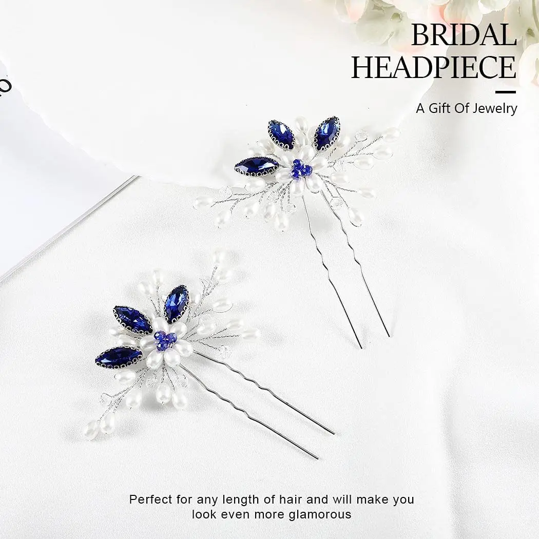 قطعتان من دبابيس شعر الزفاف المصنوعة من حجر الراين الأزرق - شوكة شعر مصنوعة يدويًا على شكل حرف U لأعلى الزفاف، إكسسوارات شعر كريستالية للعروس والام