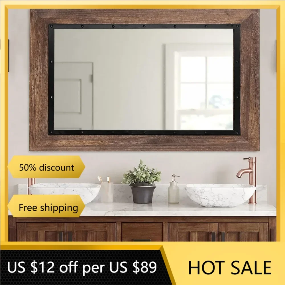 Natural Wood and Iron Bathroom Vanity Mirror for Farmhouse Decor, Vertical or Horizontal Hanging, 60