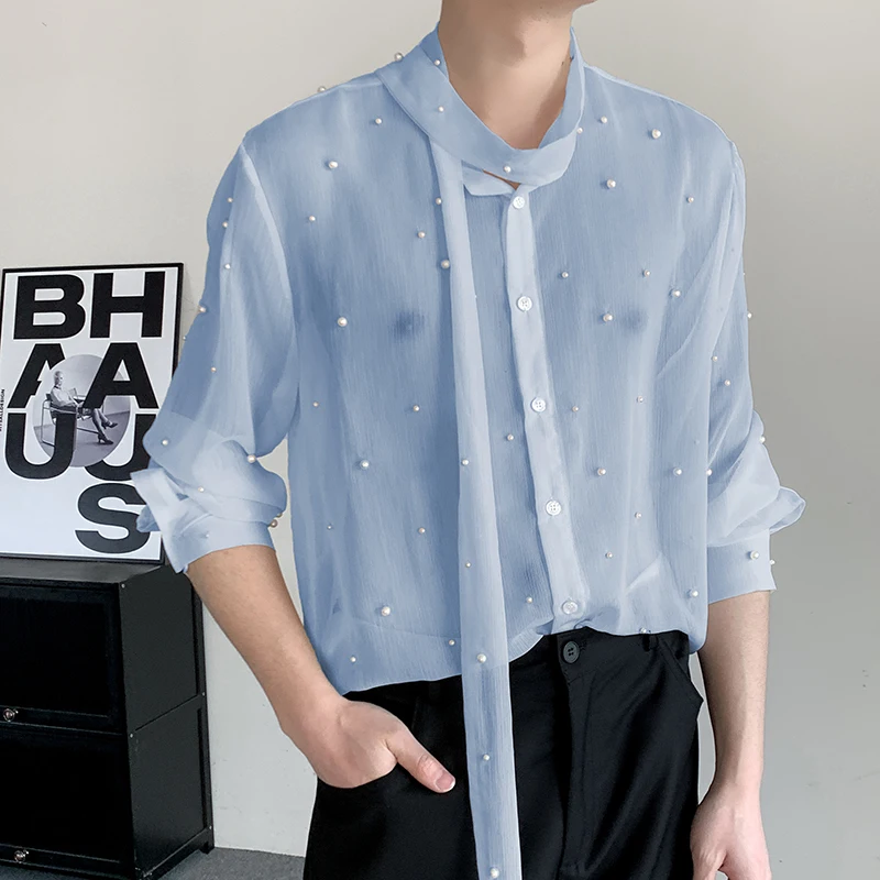 Autumn Rivet Decorative Shirt Men's Transparent Sunscreen Shirts Long Sleeve Loose High Street Nightclub Stage Performance Shirt