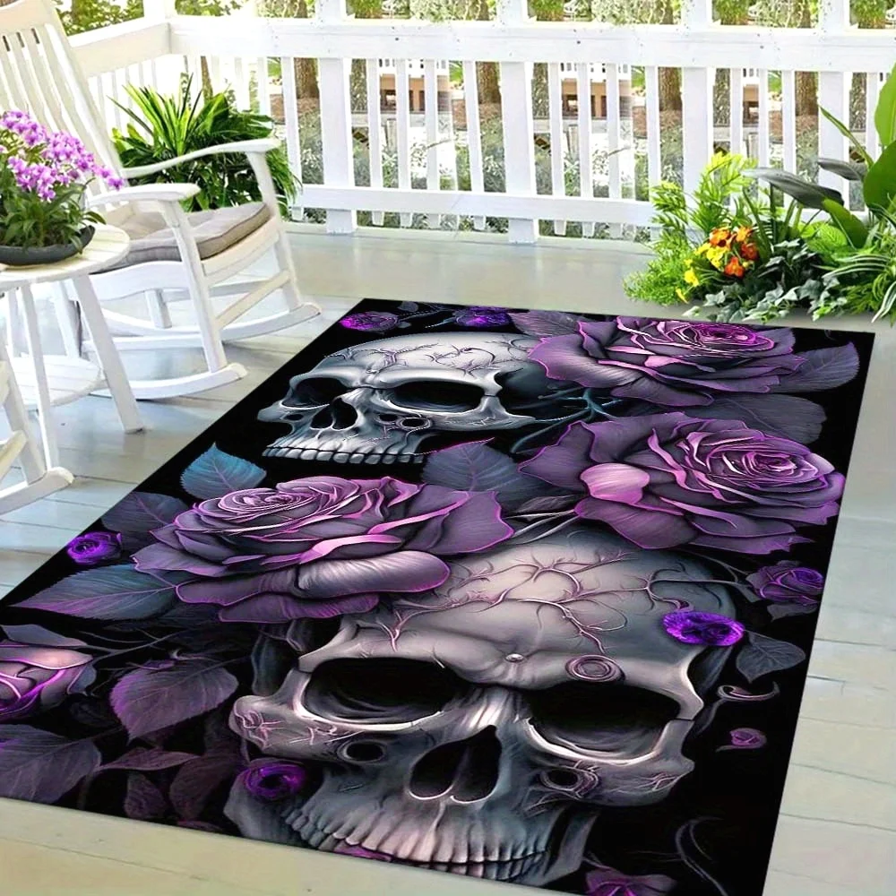 

Фиолетовый ковер с черепом для помещений на открытом воздухе, цветочные акценты, прочные ковры на крыльце для декора на Хэллоуин