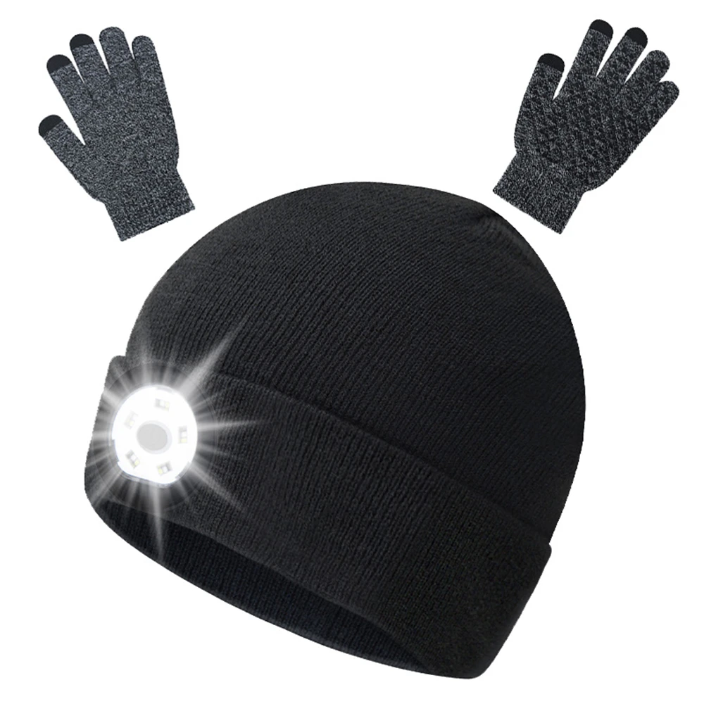 

LED Beanie Hat,With Gloves,USB Rechargeable Hand-Free Headlamp Cap, Unisex Warm Winter Knit Lighted Headlight Hats for Running