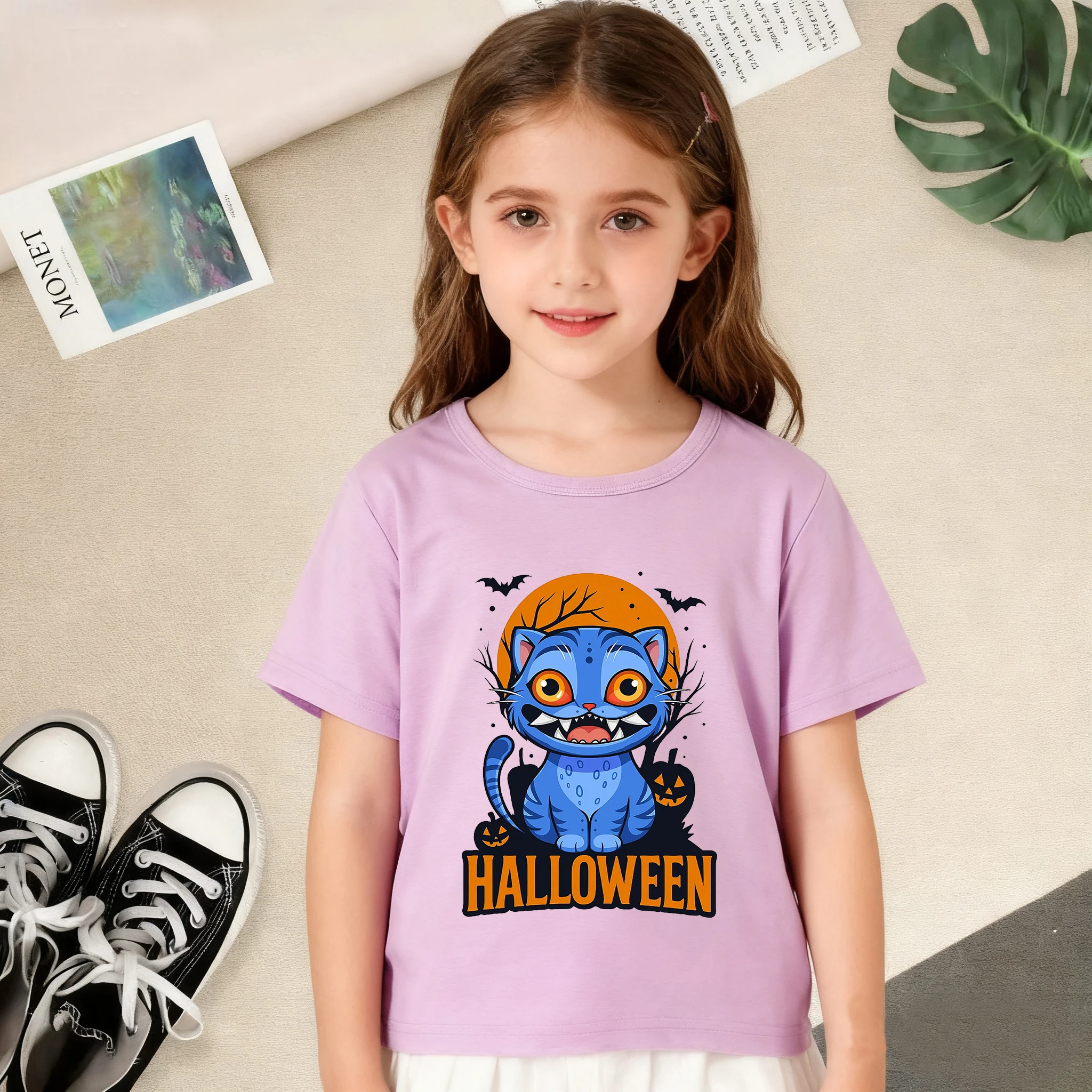 

Kpop Demon Hunters Children Cotton T Shirt Short Sleeve K Pop Saja Boys Tiger K-pop Warriors Kid Purple Black T-shirt