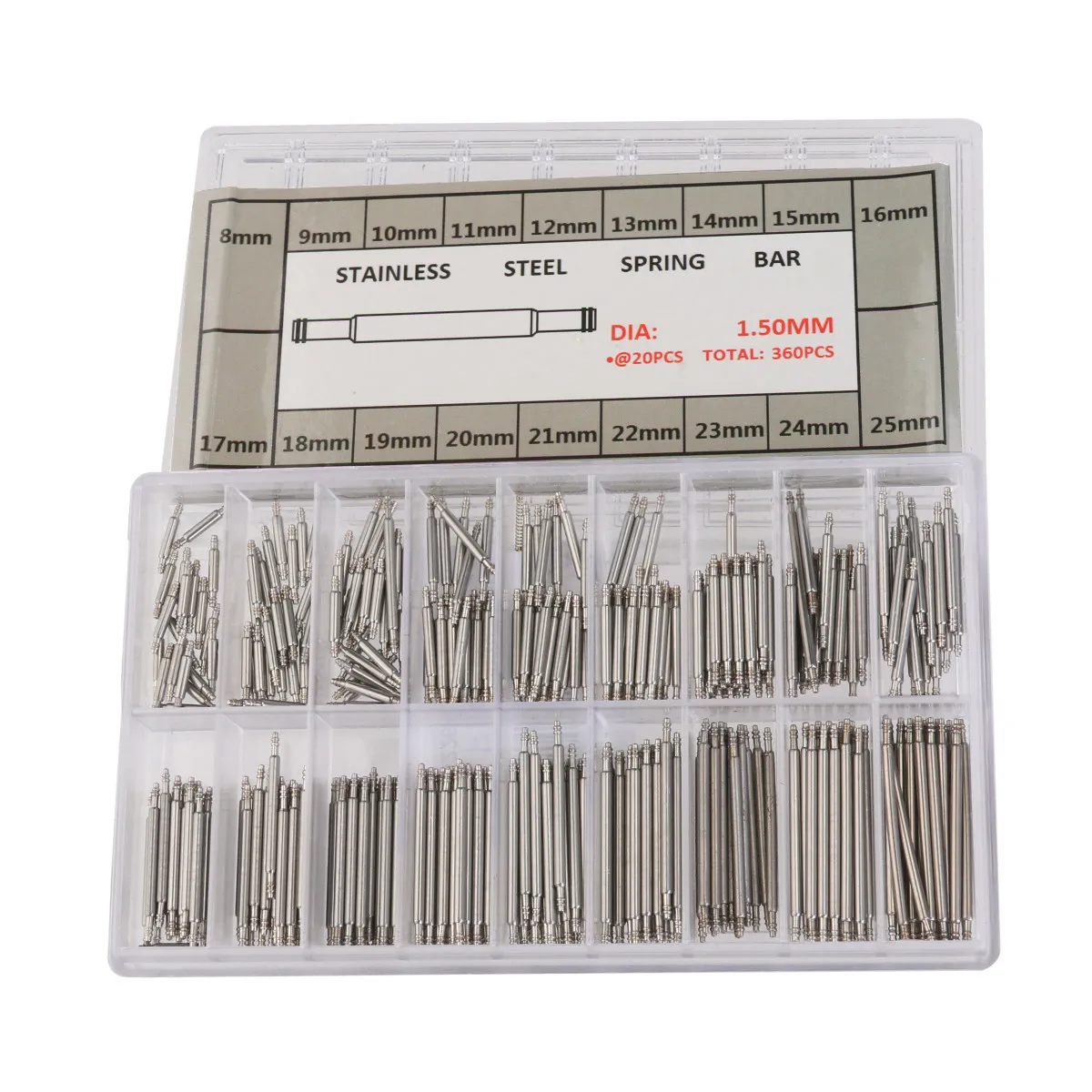 360Pcs Stainless Steel Watch Spring Bars Set 18 Sizes 8Mm-25Mm Double Flange Silver Watch Band Replacement Repair Kit Tools