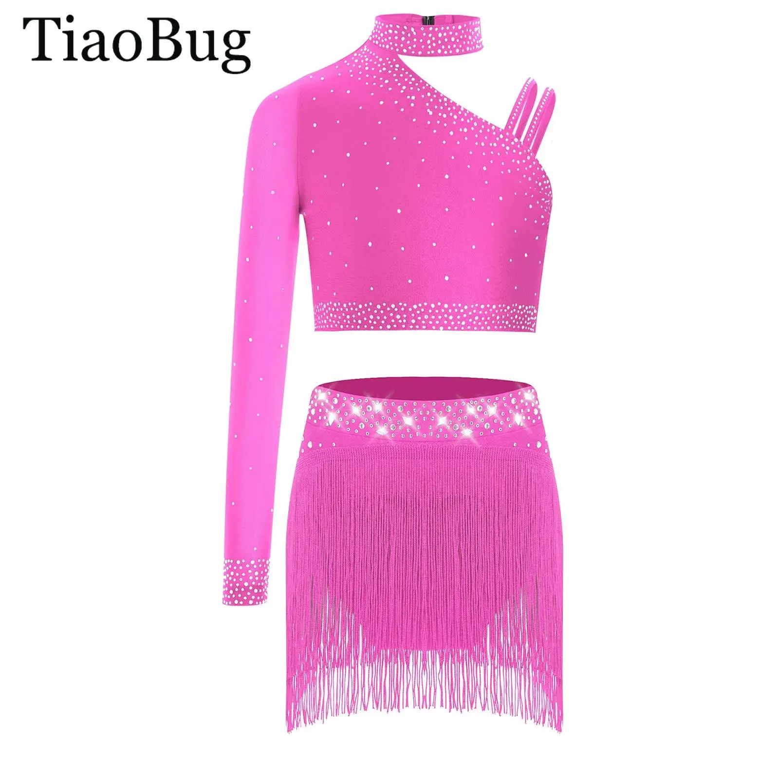 

Girls Lyrical Modern Dance Outfits One Shoulder Rhinestones Crop Top And Fringe Bottoms Skirt Ballet Gymnastic Contemporary Wear