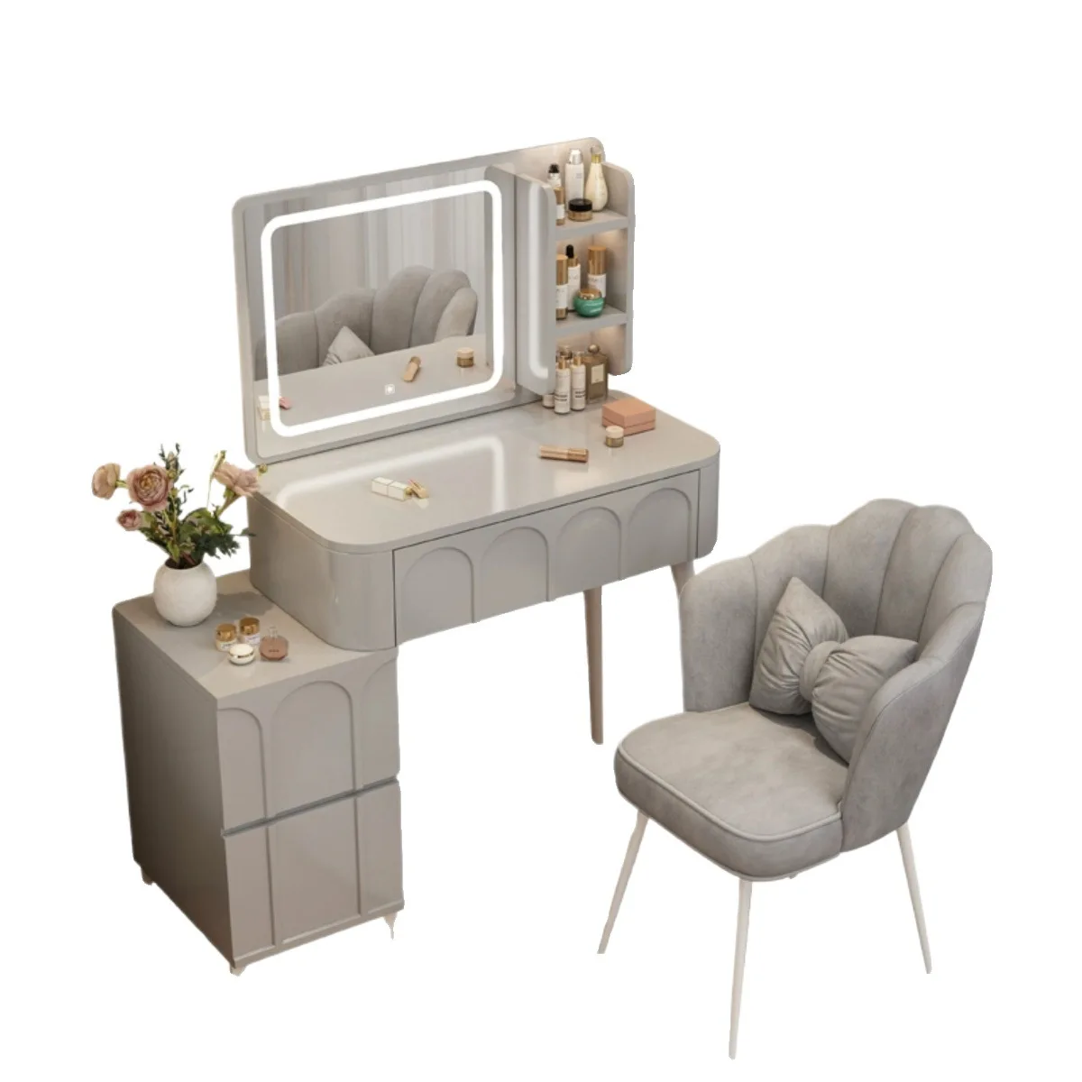 Vanity Desk with Mirror and Light Makeup Dressing Table Dresser Bedroom Dresser Table with LED Lighted Large Mirror Gray White
