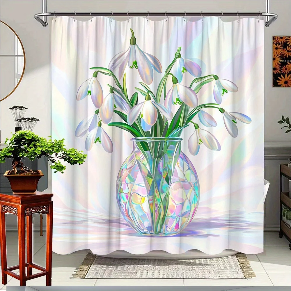 

1pc Spring Floral Snowdrop Shower Curtain - Elegant Bathroom Decor with Vibrant Blue & White Snowdrops in Glass Vase, Polyester