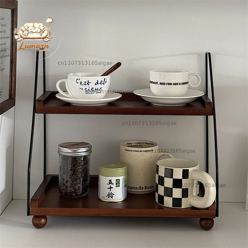 Vintage Wooden Multifunctional Double Cup Holder Kitchen Spice Jar Storage Rack Iron and Wood Combined Storage Rack