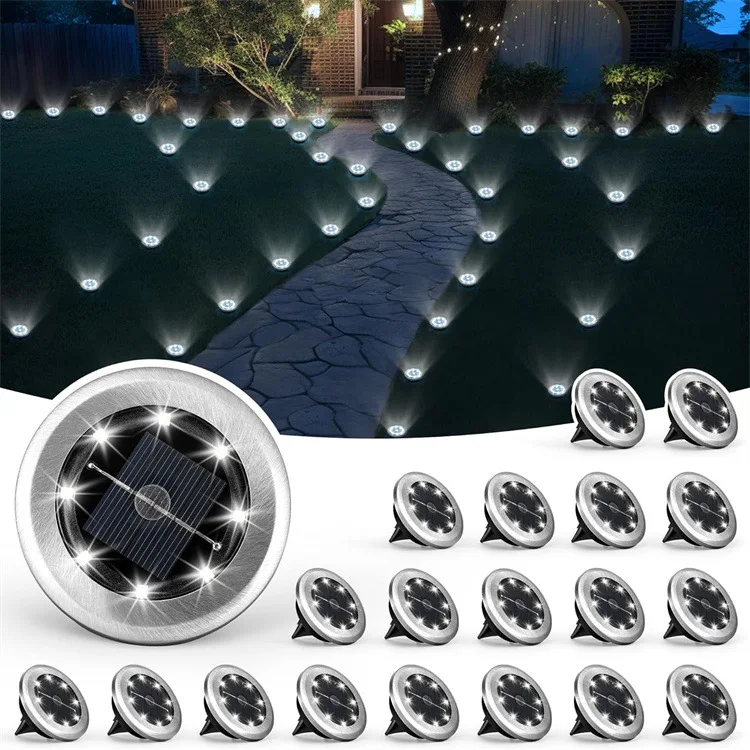 New Outdoor Solar 8LED Stainless Steel In Ground Light Waterproof Garden Lawn Lamp Pathway Landscape Lighting Yard Driveway Deck