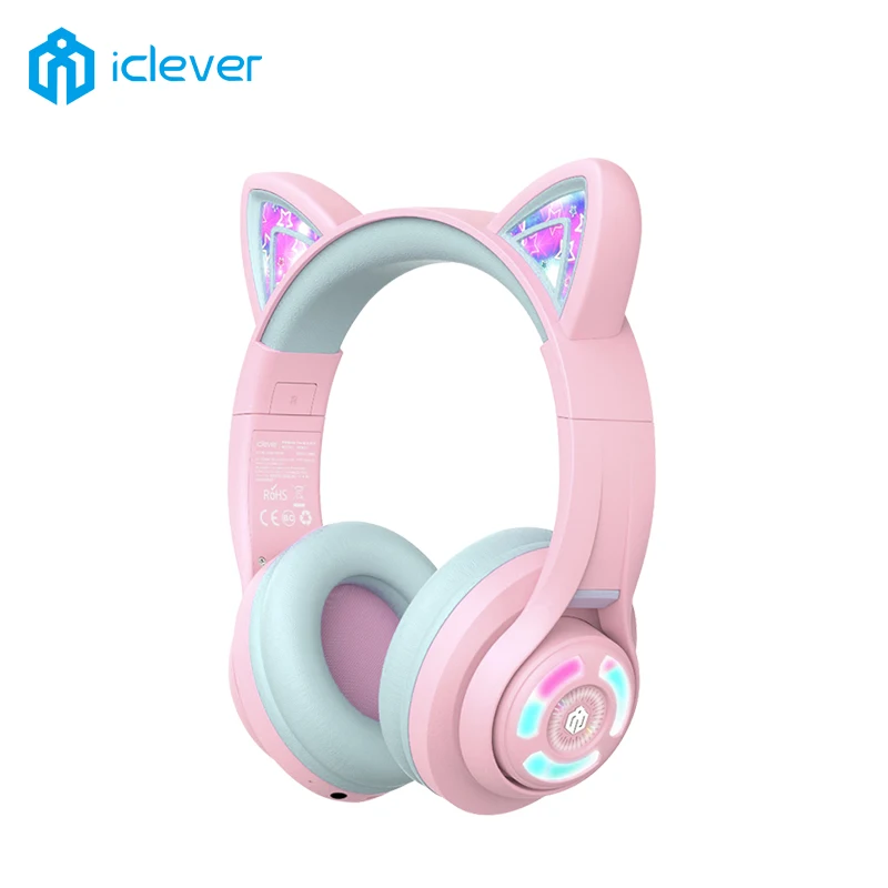 iClever BTH13 Cat Ear Headphones Wireless Bluetooth Headset Stereo Sound Earphones with RGB LED Light Flexible Mic for Kids Game