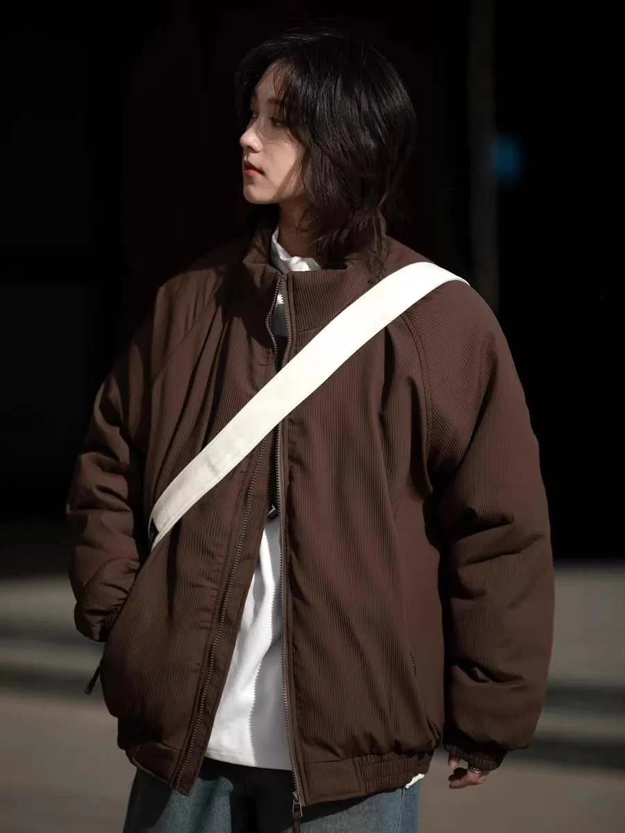 

Мужская повседневная теплая хлопковая куртка в стиле ретро с вертикальными полосками, кофейного цвета, из полиэстера, на молнии