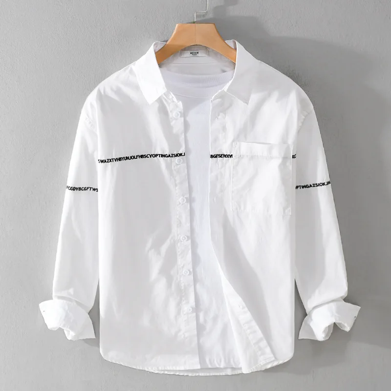 9693 Creative Letter Embroidery High Quality Shirt Men\'s Spring Fall Fashion Simple Basic Casual Cotton Blouses Black White Tops