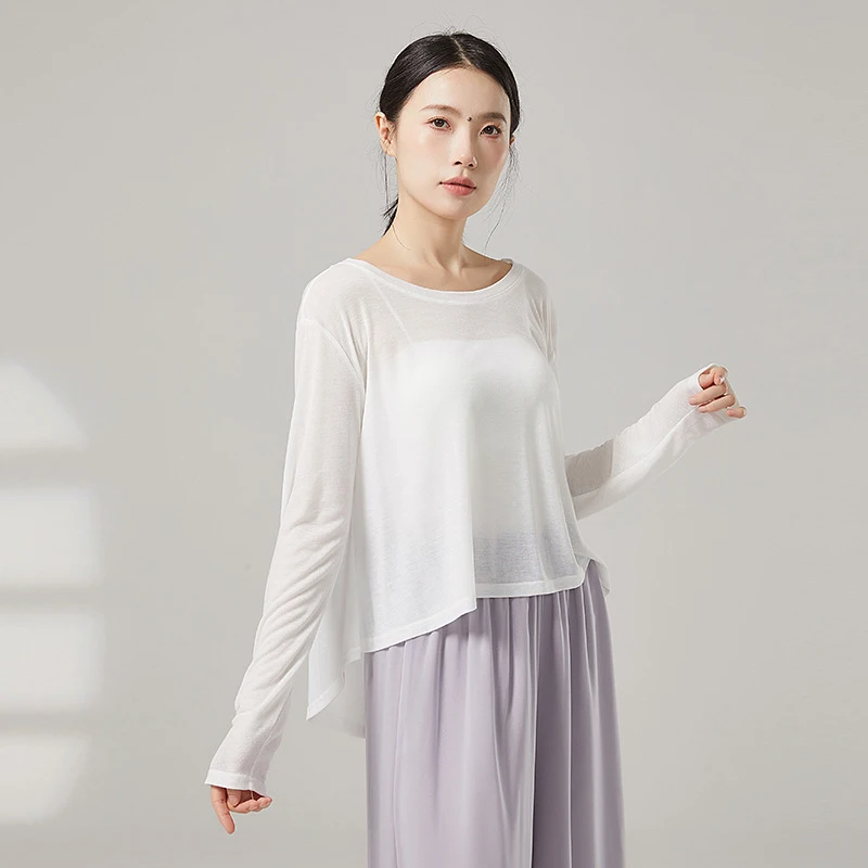 

Modern Dance Top Women Long Sleeve Loose Smock Shirt Round Neck Uneven Hemlines Outfits Casual Yoga Classical Practice Clothes