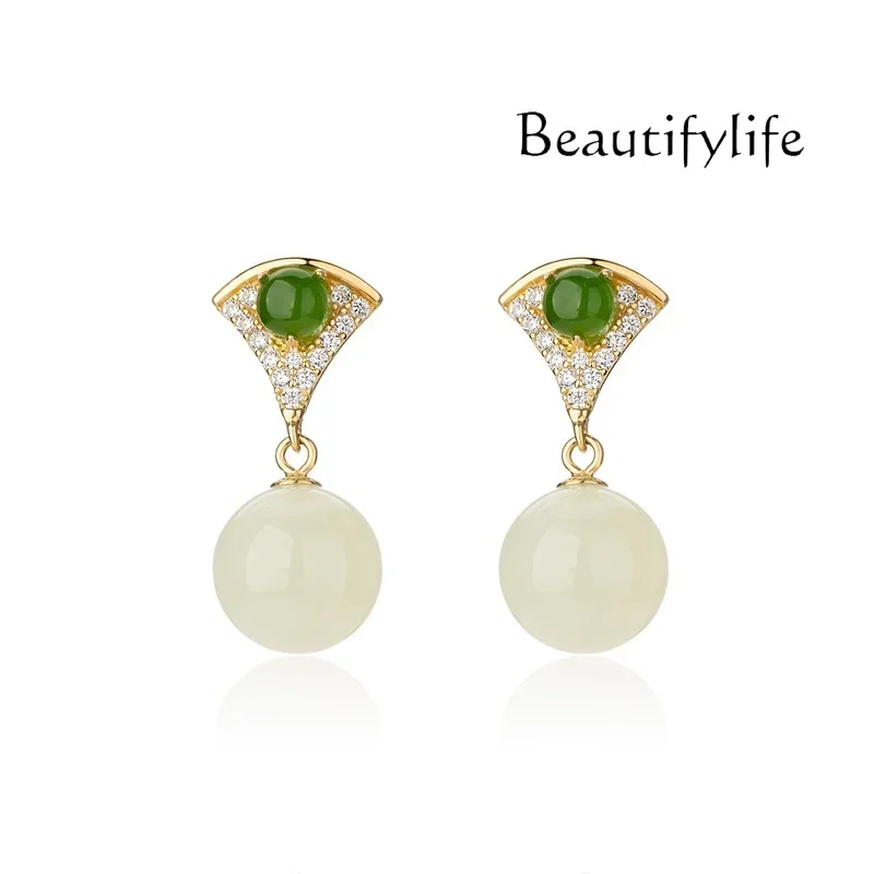 Hetian jade cold fan earrings jade white jade stud earrings women's sterling silver new earrings