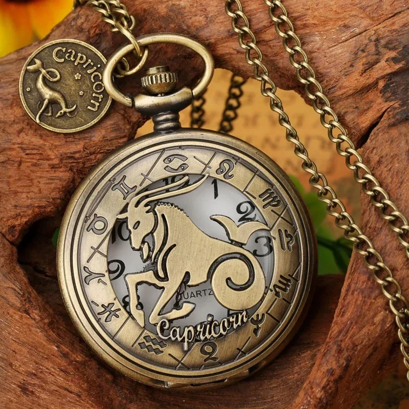 Bronze Hollow Twelve Constellation Unisex Quartz Pocket Watch Necklace Chain Arabic Numerals Display Birthday Gift reloj
