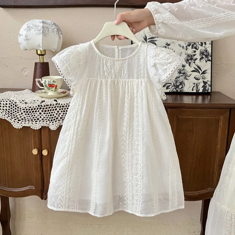 

2025New Summer Girls' Solid Color Cute Fashionable Exquisite Hollow Embroidery Soft Lace Flutter Sleeve Dress