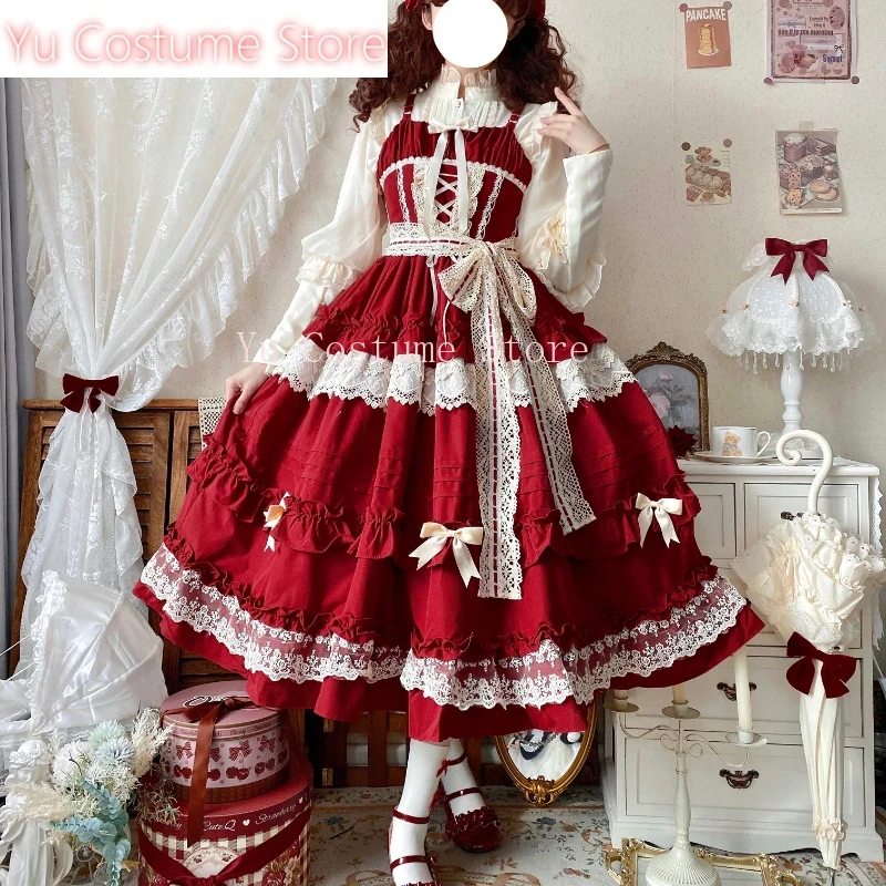 

Yu Costume Sweet Spring and Summer Ladies Elegant Lolita Jsk Suspender Dress Retro Sweet Women's Lace Bow Slim Straps Long Dress