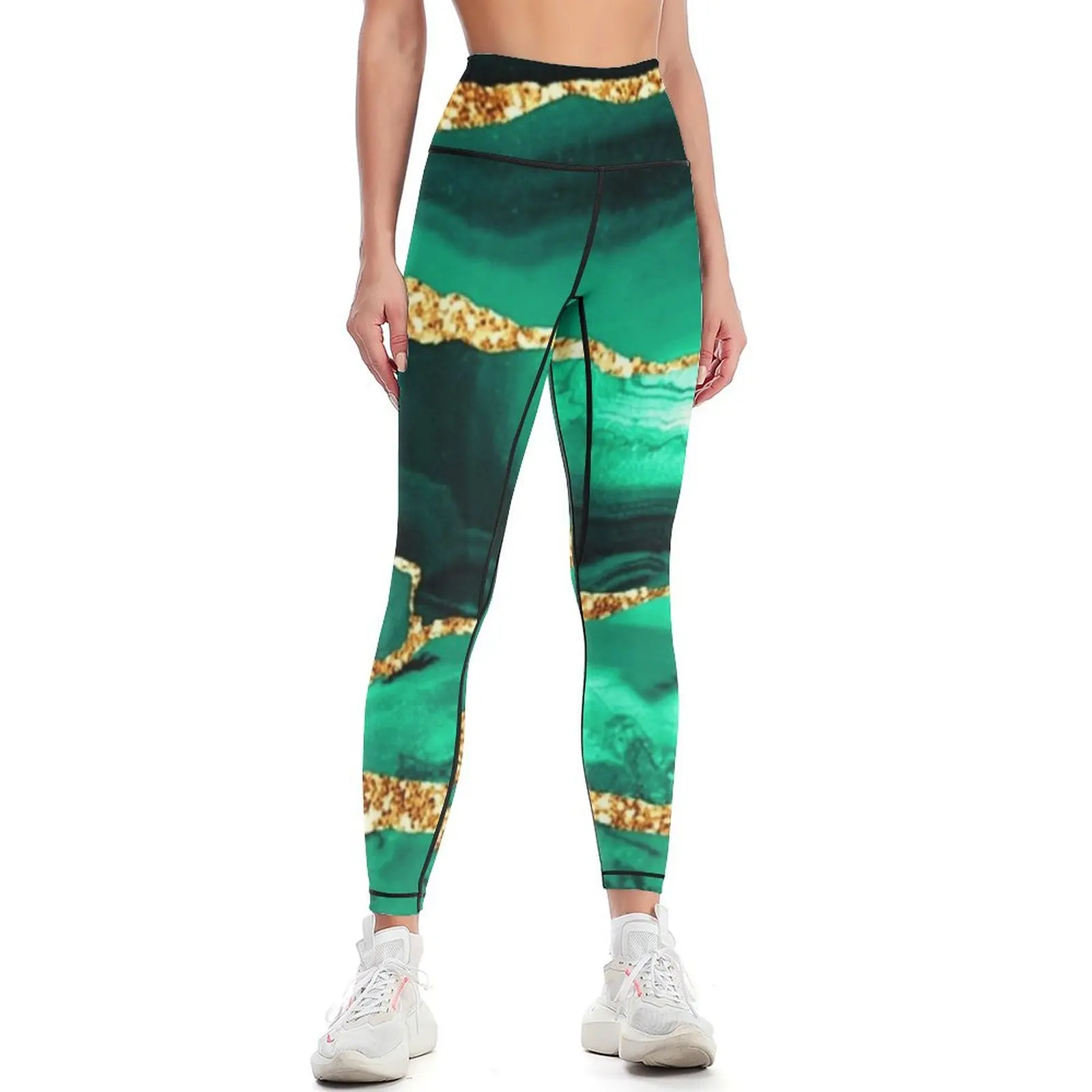 Emerald Green Malachite Faux Marble With Gold Glitter A -Line Dres Leggings Legging sport sportswear gym Womens Leggings