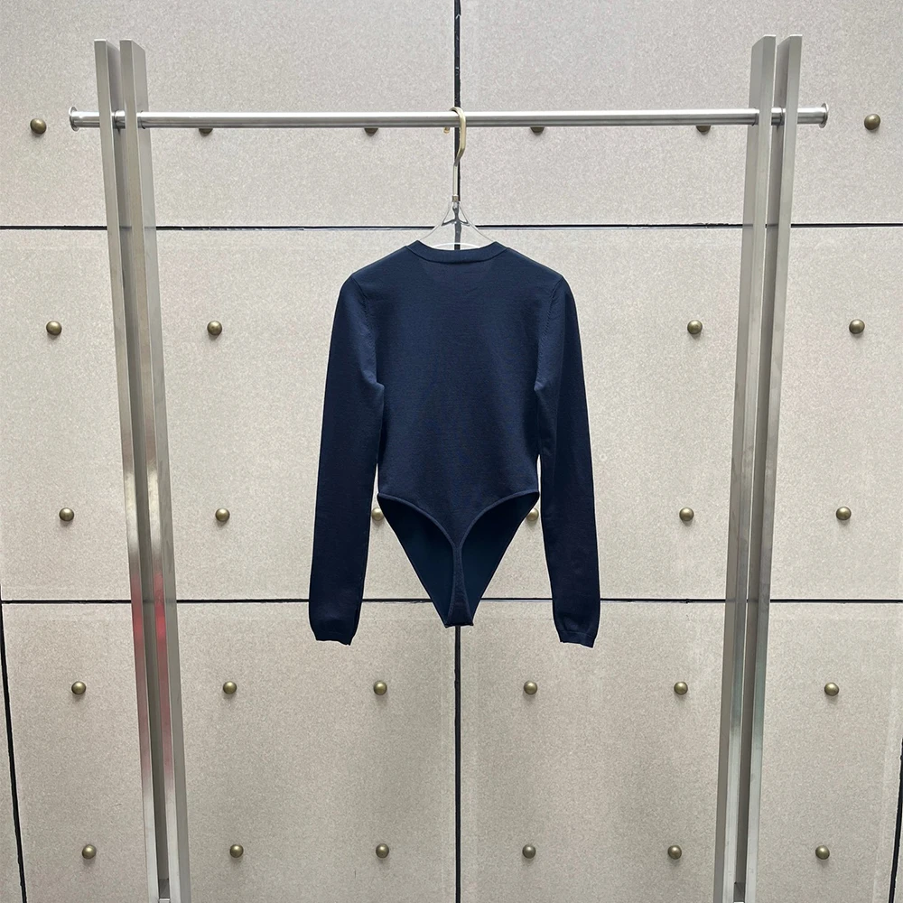 Women Crew Neck Knit Bodysuit Long‑Sleeve Half Button‑Front Pointed Hem Slim‑Fit Solid Color Basic Casual Layering Jumpsuit Tops