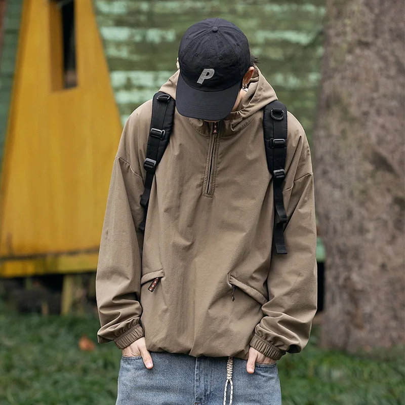 Spring Fall Fashion Men's Japan Style High Quality Hooded Jackets Solid Color Simple Loose Basic Coats Teens Vintage Hiking Tops