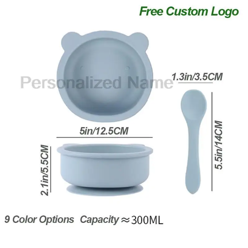 2Pcs Bear Bowl Spoon Baby Soft Silicone Sucker Bowl Plate Sets Children's FeedingTableware Personalized Name Snack Bowl BPA Free
