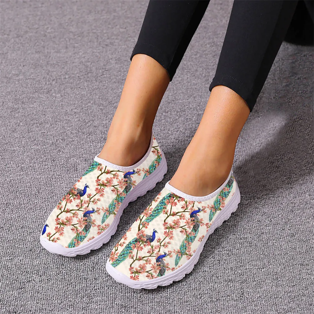 Beautiful Peacock Pattern Ladies Spring Autumn Casual Sneakers Lightweight Mesh Shock Absorbing Running Shoes Non-Slip Footwear