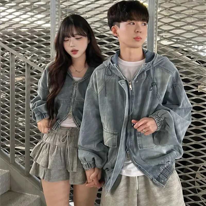 

Double Zipper Hooded Waistcoat Jeans Jacket Women's Fashion Versatile Mid-Length Cotton Denim Coat with Elastic Waist