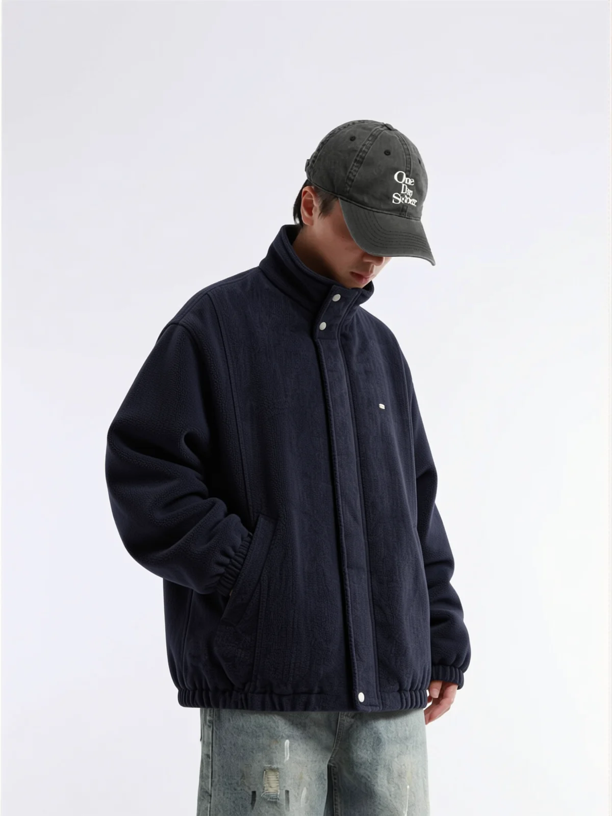 Autumn Winter Loose Fit Cotton Workwear Jacket Stand Collar Men's Youth Retro Warm Outerwear Blue Denim Style with Multiple P...