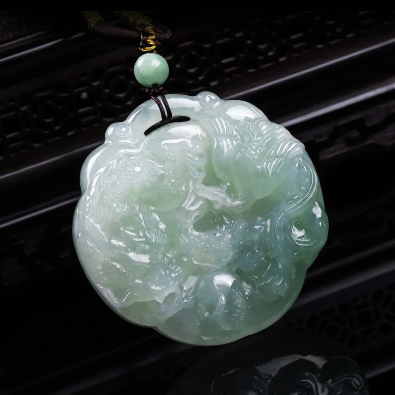 Natural A-grade jadeite dragon and phoenix auspicious three-dimensional exquisite aged high ice jade pendant beauty temperament