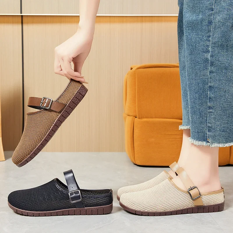 รองเท้าแตะพื้นนุ่มย้อนยุคอเนกประสงค์ของผู้หญิง, รองเท้าแตะกลางแจ้งของผู้หญิง, รองเท้าครึ่งรองรับนิ้วเท้าขนมปังตาข่ายแบบสบาย ๆ