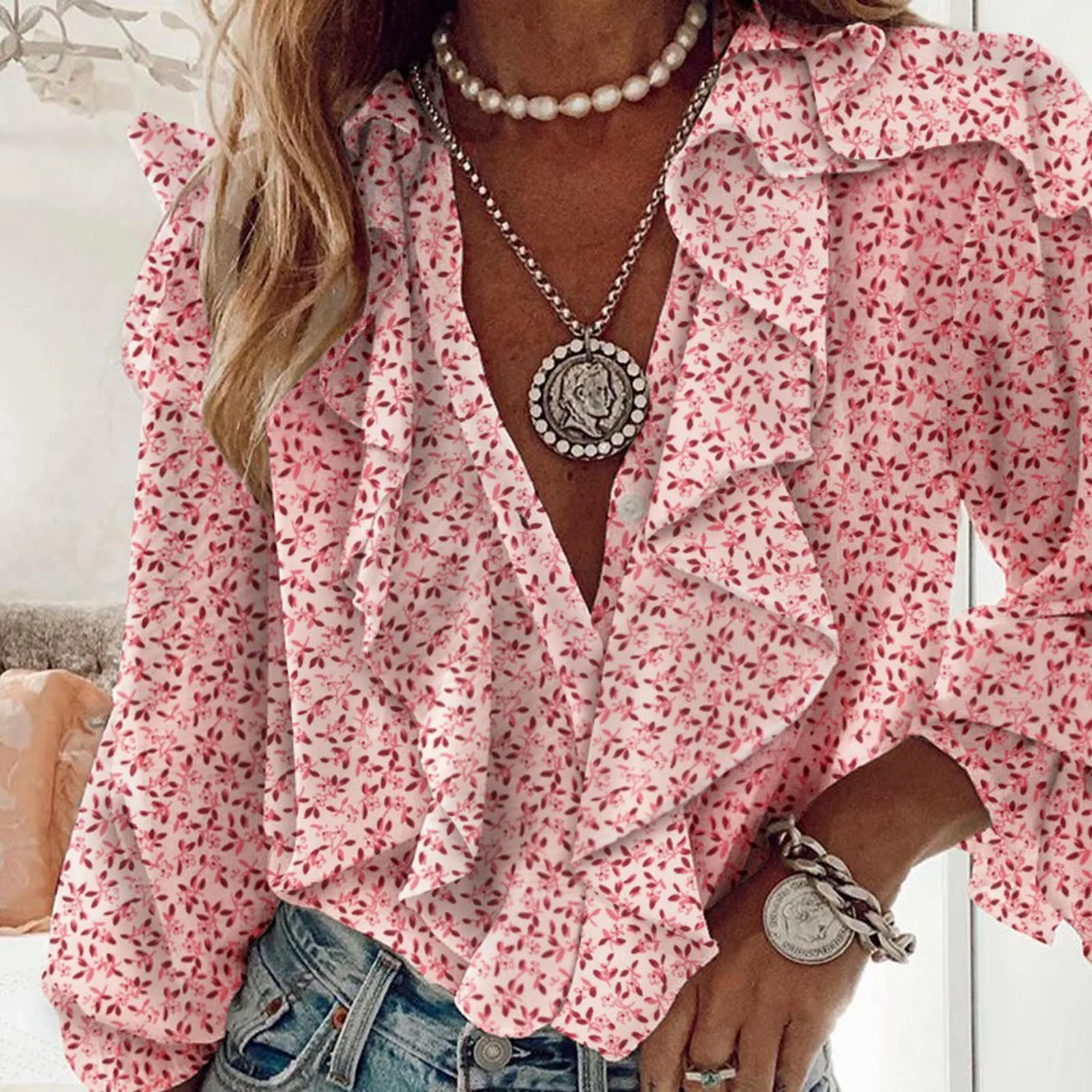 

Sexy Long Sleeve Top Chiffon Shirt With Women Stamped For Women, With V Neck And A Row Of Buttons, Comfortable And Informal Top