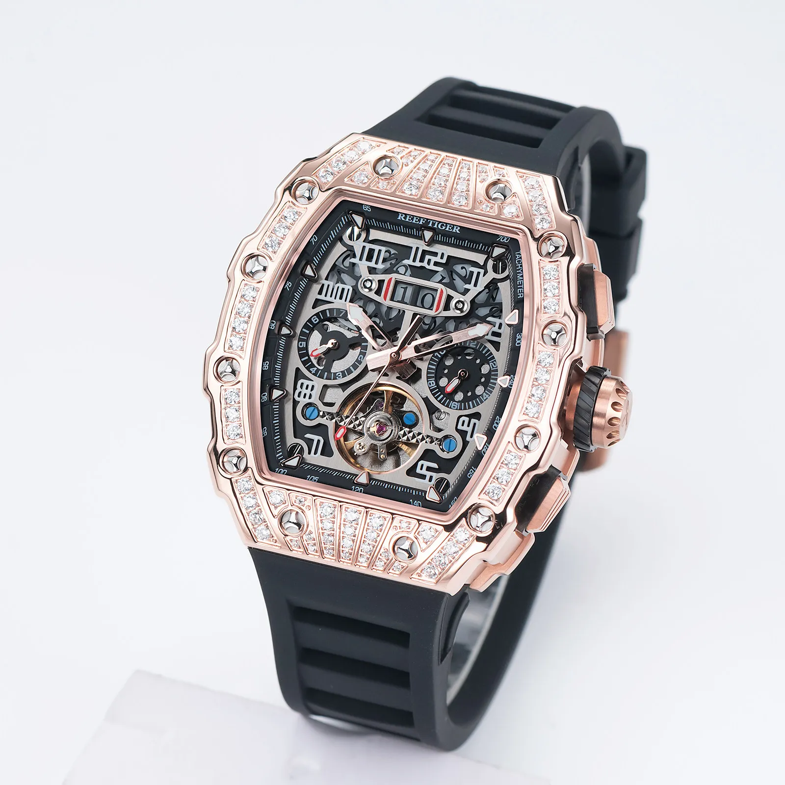 

Reef Tiger Men Automatic Watch 42.5mm Tonneau Mechanical Wristwatch 50m Waterproof Luminous Skeleton Multi-Dial Month Week Date