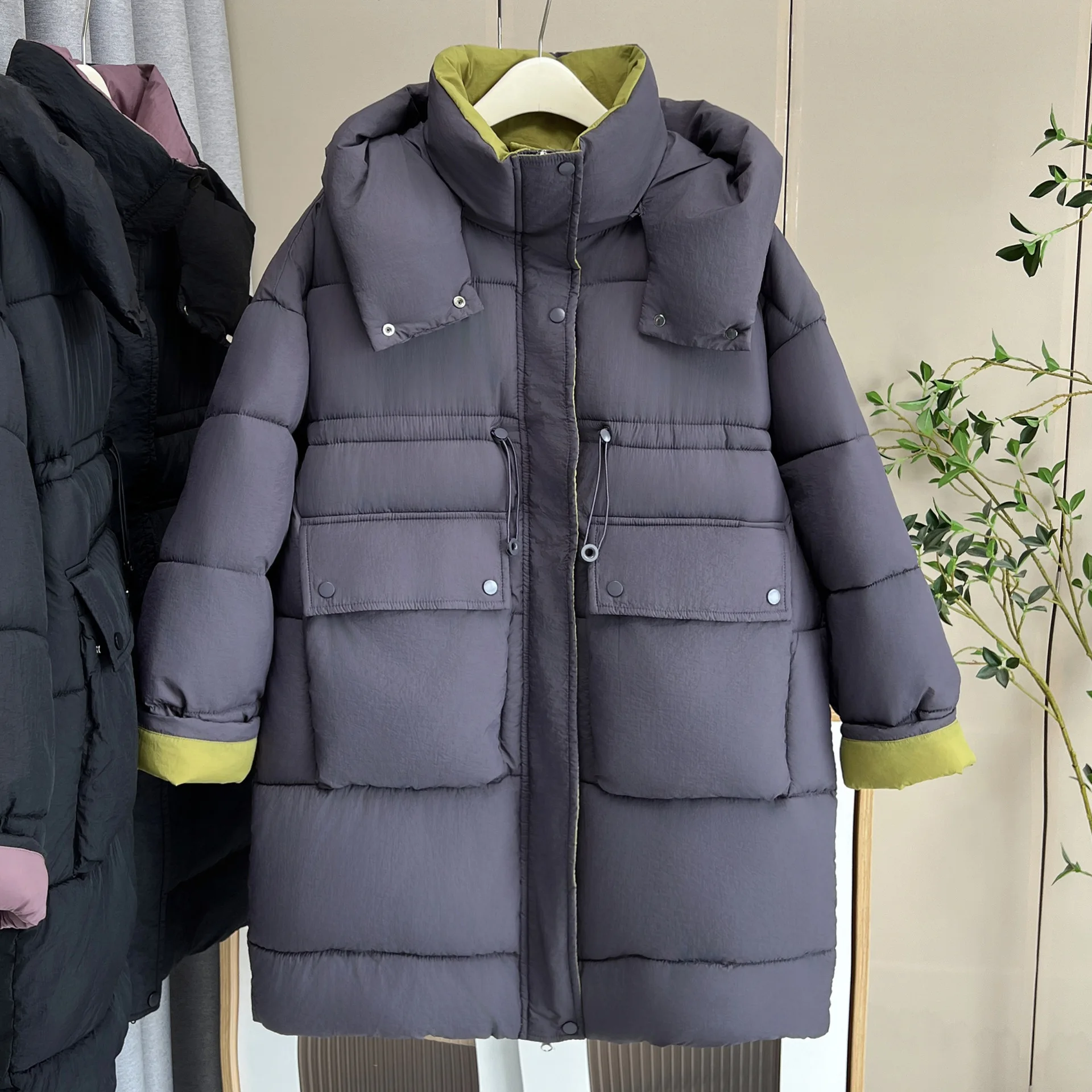 XXXXL موضة حجم كبير سترات نسائية جديدة بسيطة منتصف طول مقنعين وسادة مبطنة في الشتاء الدافئة كتلة اللون معطف 0658 #4