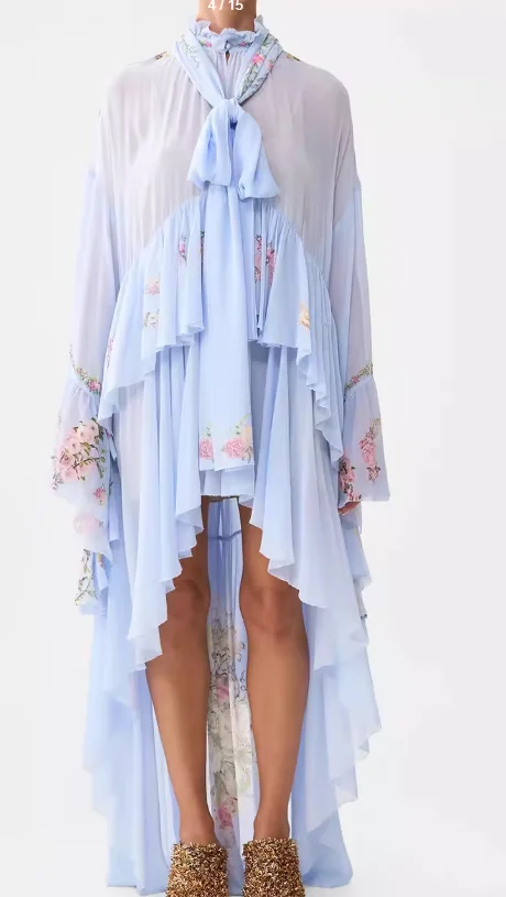 

Blue Floral Print Long Sleeve Irregular Hem Midi Dress 2026 New Design