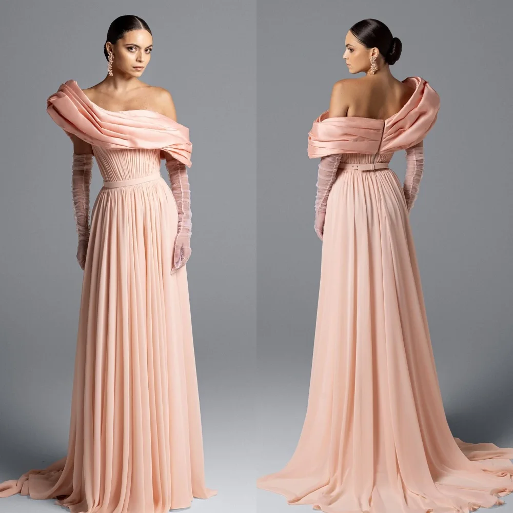 Customized High Quality Chiffon Pleat Draped Sash A-line Off-the-shoulder Long Dresses Bespoke Occasion Dresses Matching Classic