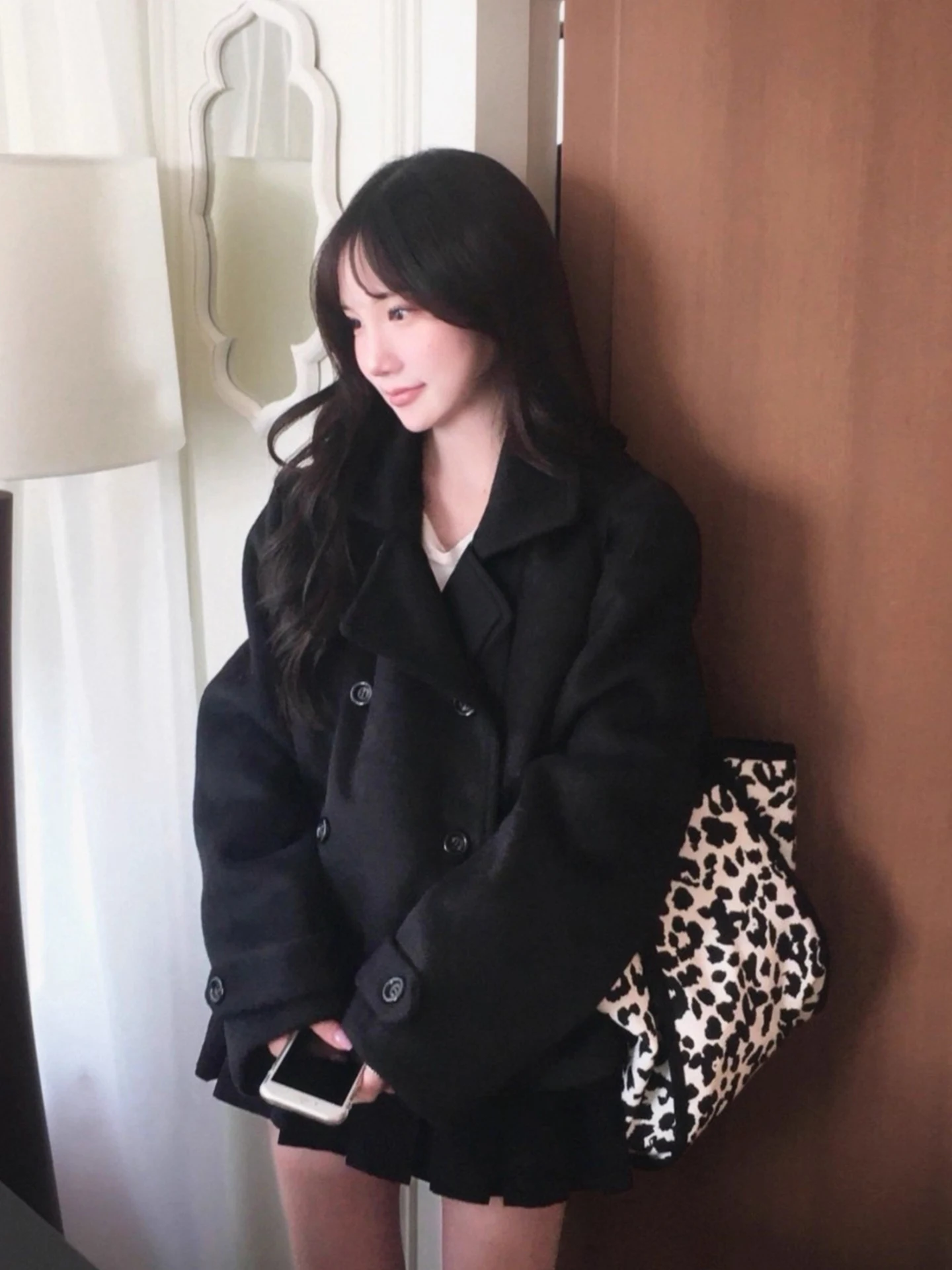 

Ele ort Woolen Coat Women's Double-breasted Lapel Winter Faion Cact Size Commute Sle Regular Sve Length