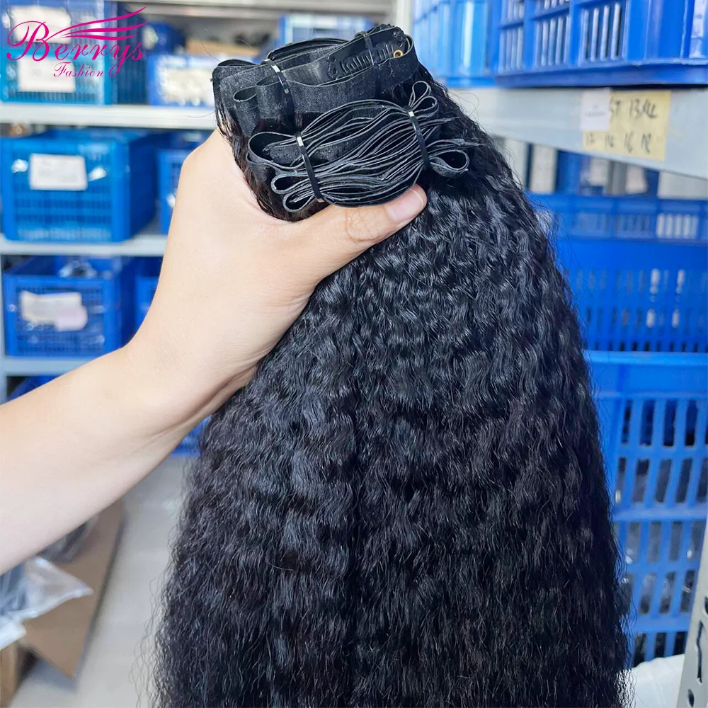 Klip rambut lurus Kinky, ekstensi rambut manusia asli, jepit rambut tanpa proses 100% rambut Brasil untuk wanita 7 buah/120g