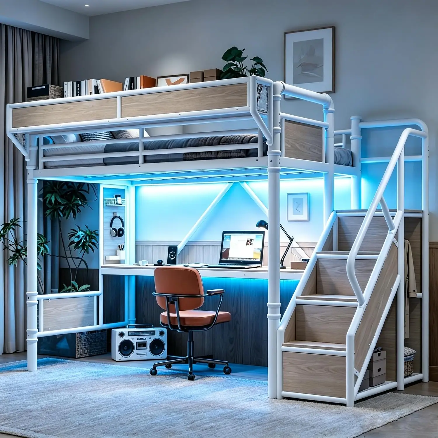 Metal Loft Bed Twin XL with Storage Stairs, Desk & LED Light Strip, White, Customized