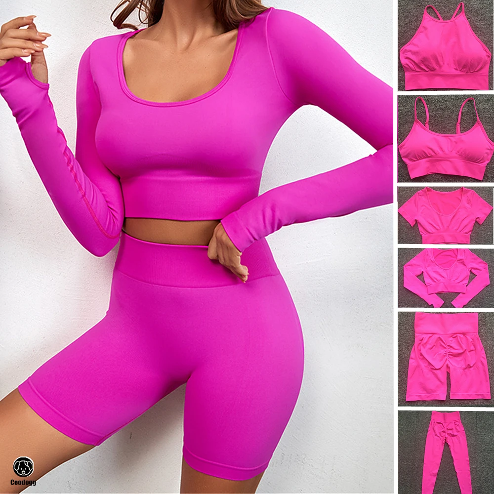 QK 1PCS Seamless Women Tracksuits Yoga Set Workout Sportswear Gym Fitness Long Sleeve Crop Top High Waist Leggings Sports Suits